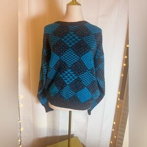 Vintage Nicolas Allen Blue Black Geometric Knit Sweater Medium Retro 80s